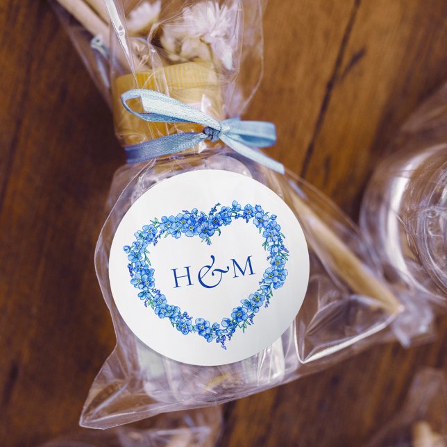 Adesivo Redondo Blue forget me nots inked art wedding monogram (Criador carregado)