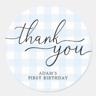 Adesivo Redondo Blue Gingham Birthday Obrigado Favor Sticker