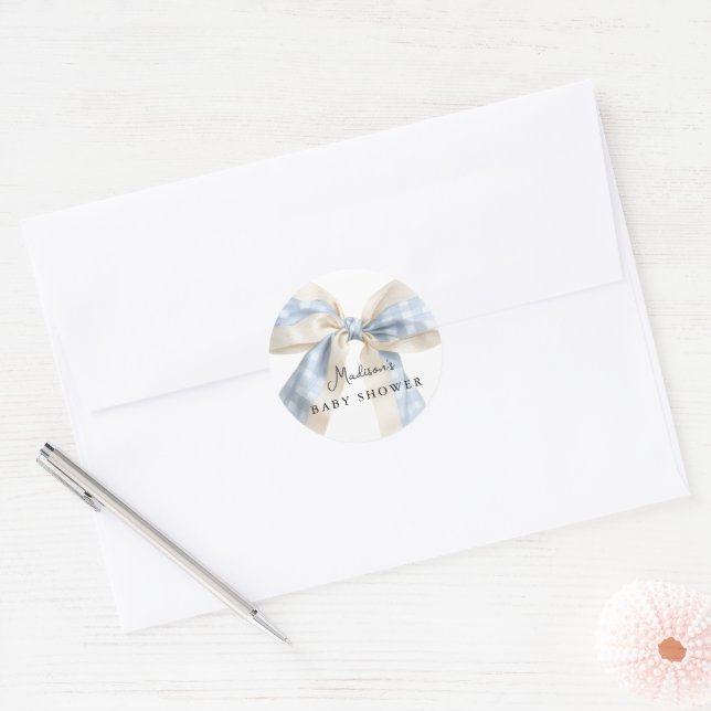 Adesivo Redondo Blue Gingham Checks Cute Bow Baby Shower (Envelope)