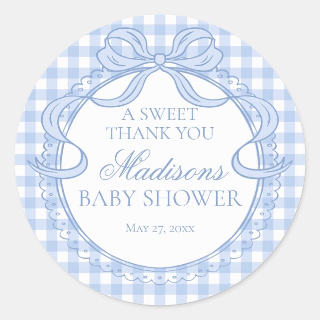 Adesivo Redondo Blue Gingham Coquette Bow Baby Shower Favor (Frente)