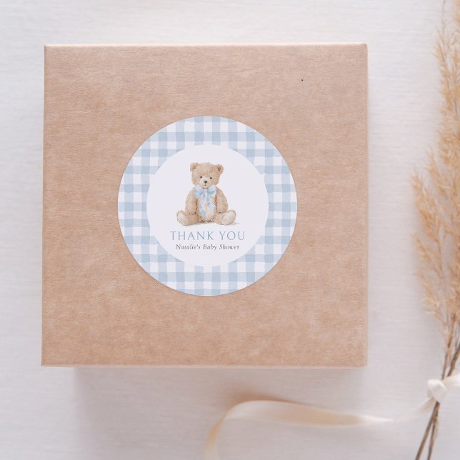 Adesivo Redondo Blue Gingham Teddy Bear Baby Shower (Criador carregado)