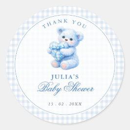 Adesivo Redondo Blue Gingham Teddy Bear Neutral Baby Shower