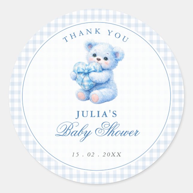 Adesivo Redondo Blue Gingham Teddy Bear Neutral Baby Shower (Frente)