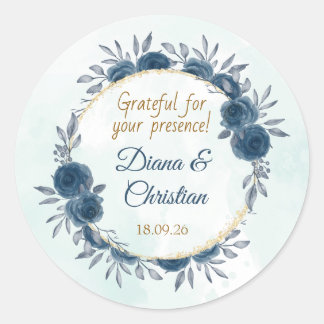 Adesivo Redondo Blue Gold Floral Wedding Sticker Elegant Circle