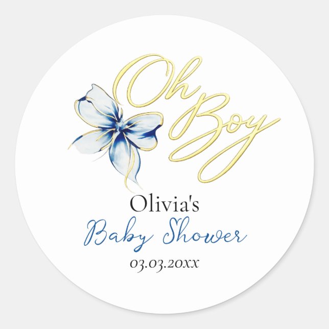 Adesivo Redondo Blue & Gold “Oh Boy” Gold Typography Baby Shower (Frente)