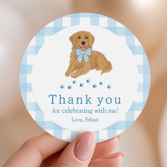 Adesivo Redondo Blue Golden Retriever Birthday Thank You Favor (Criador carregado)
