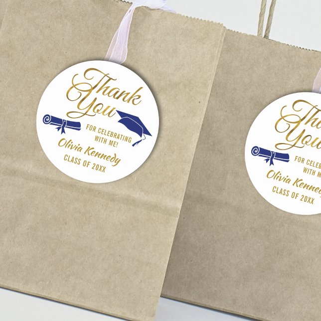 Adesivo Redondo Blue Graduation Cap Gold Thank You Script Favor (Criador carregado)