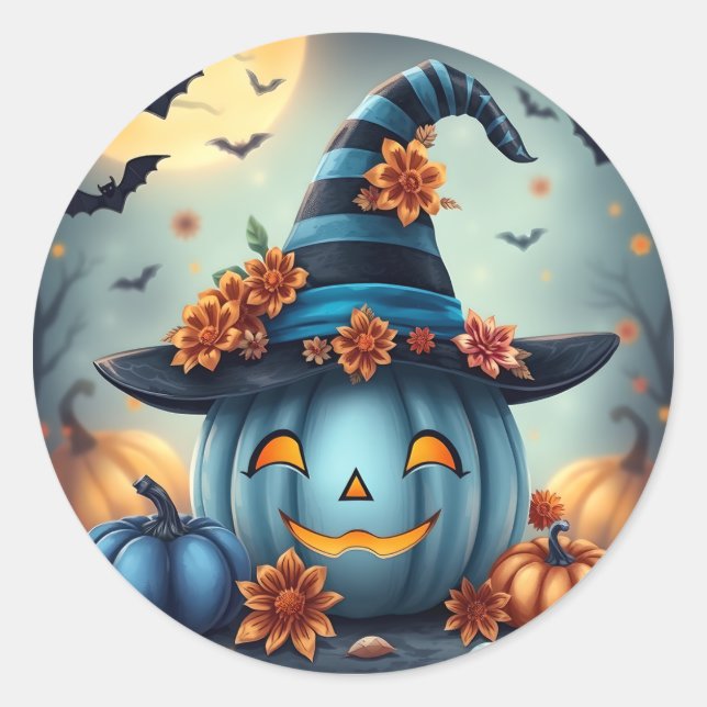 Adesivo Redondo Blue Halloween Pumpkin Jack-o-lantern (Frente)