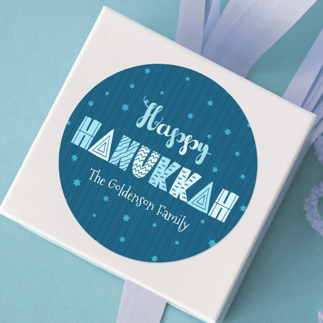 Adesivo Redondo Blue Happy Hanukkah Typografia Star Nome David (Criador carregado)