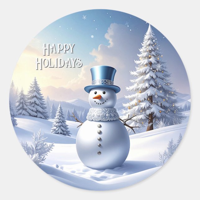 Adesivo Redondo Blue Hat Snowman Christmas Tree Holiday Sticker (Frente)