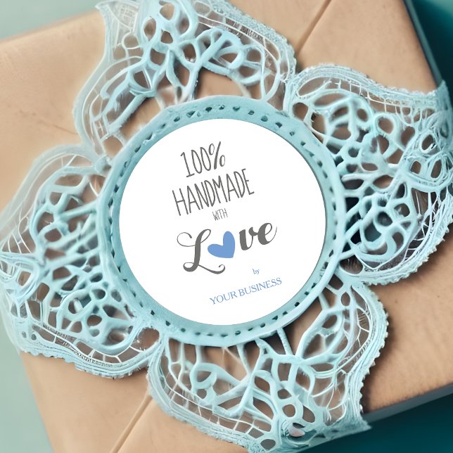 Adesivo Redondo Blue Heart 100% Handmade with Love Quote (Blue Heart 100% Handmade with Love Quote Round Sticker.)