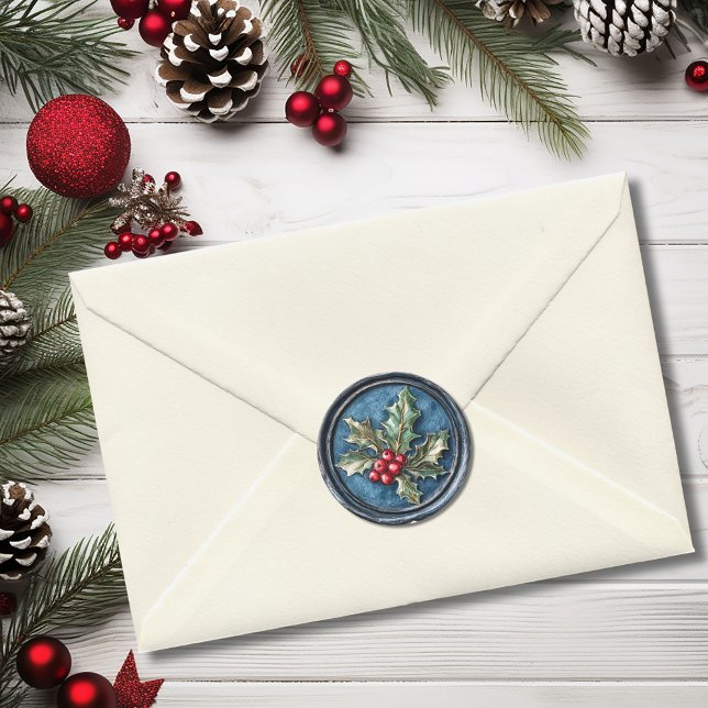 Adesivo Redondo Blue Holly Christmas Faux Wax (Blue Holly Christmas Faux Wax Classic Round Sticker)