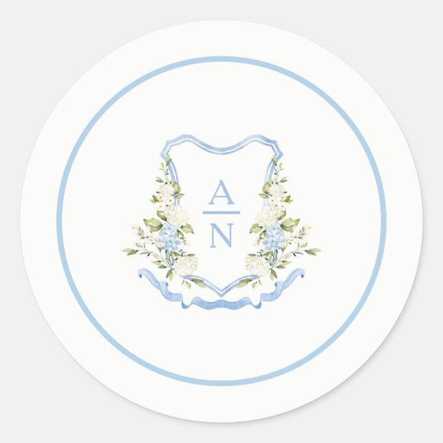 Adesivo Redondo Blue Hydrangea Crest Monogram Stickers Simple (Frente)