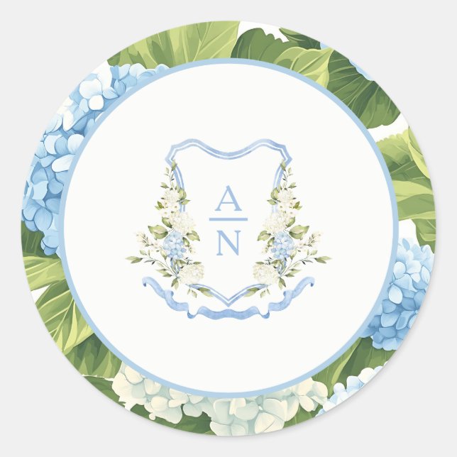 Adesivo Redondo Blue Hydrangea Crest Monogram Wedding Stickers (Frente)