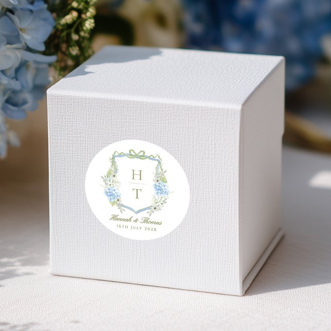 Adesivo Redondo Blue Hydrangea Crest Wedding Monogram (Criador carregado)