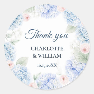 Adesivo Redondo Blue Hydrangea Watercolor Floral Thank You Sticker