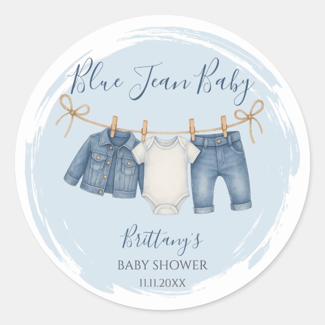 Adesivo Redondo Blue Jean Chá de fraldas Baby Outfit (Frente)