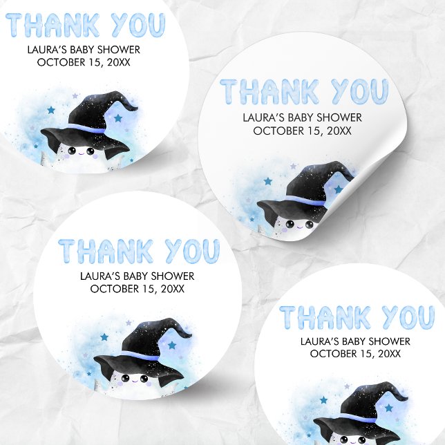 Adesivo Redondo Blue Little Boo Ghost Witch Baby Shower (Little Boo Baby Shower Sticker)
