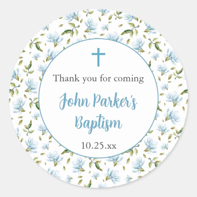 Adesivo Redondo Blue Magnolias boy baptism thank you sticker (Frente)