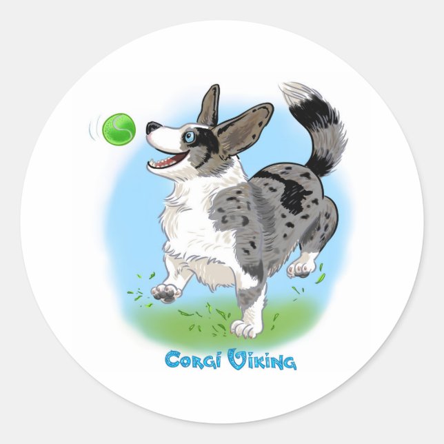 Adesivo Redondo Blue Merle Corgi com Ball (Frente)