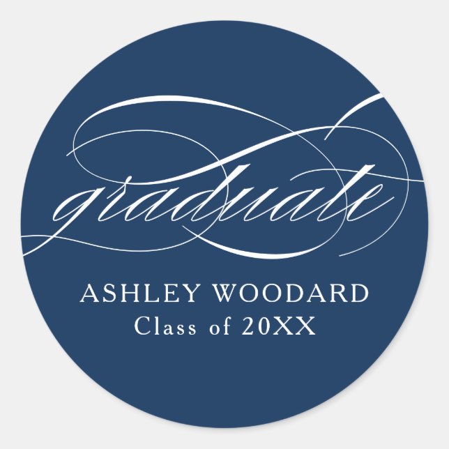Adesivo Redondo Blue Modern Elegant Script Graduation (Frente)
