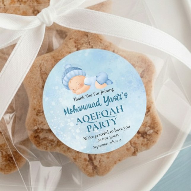 Adesivo Redondo Blue Muslim Newborn Boy Aqeqah Clássico Round (Criador carregado)