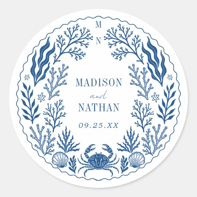 Adesivo Redondo Blue Nautical Crab Shell Ocean Beach Wedding (Frente)