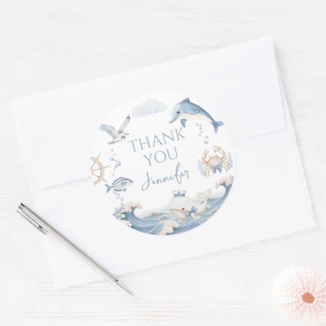 Adesivo Redondo Blue Ocean Sea You Soon Baby Boy Shower Thank You (Envelope)