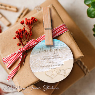 Adesivo Redondo Blue Ocean Waves Tropical Beach Casamento Obrigado