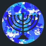 Adesivo Redondo Blue Paint Splatter Menorah<br><div class="desc">Etiquetas de menorah de tinta azul.</div>