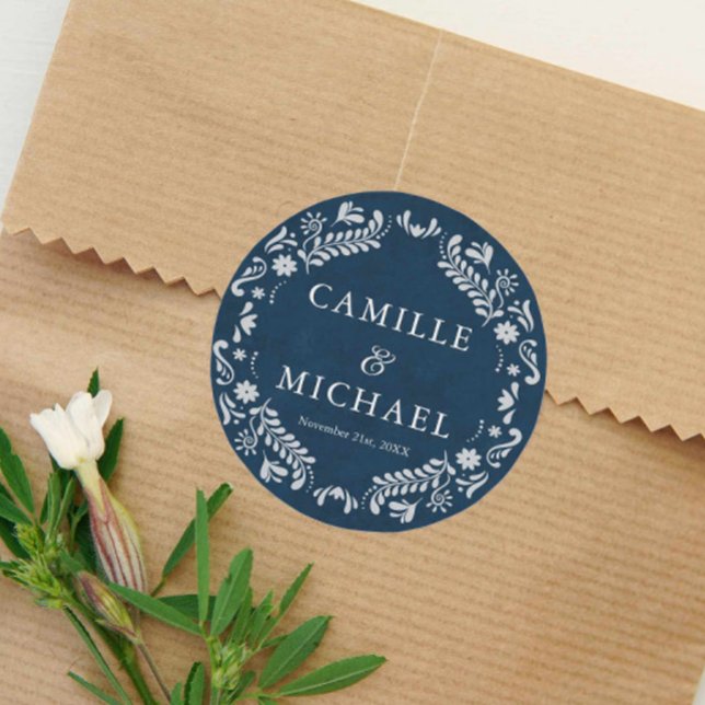 Adesivo Redondo Blue Papel Picado Weding Favor (Blue Papel Picado Wedding Favor Sticker)