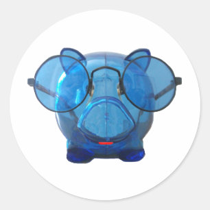 Adesivo Redondo Blue Piggy Bank com óculos