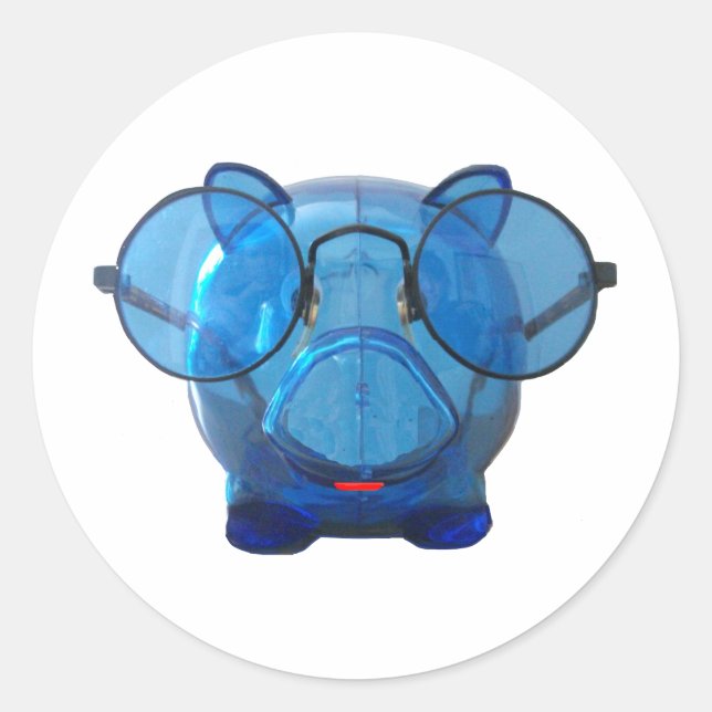 Adesivo Redondo Blue Piggy Bank com óculos (Frente)