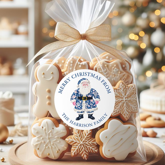 Adesivo Redondo Blue Pink Chinoiserie Toile Papai Noel Natal (Criador carregado)