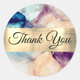 Adesivo Redondo Blue Purple Watercolor e Gold Foil Obrigado