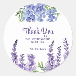 Adesivo Redondo Blue Purple Wisteria Floral Greenery Obrigado