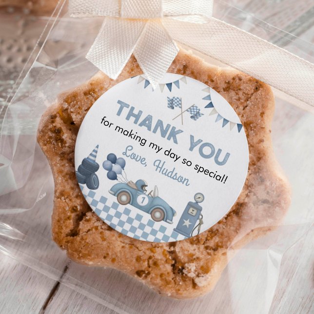 Adesivo Redondo Blue Race Car First Lap Around the Track Birthday (Criador carregado)