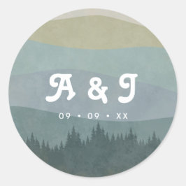 Adesivo Redondo Blue Retro Mountains and Forest Wedding Monogram