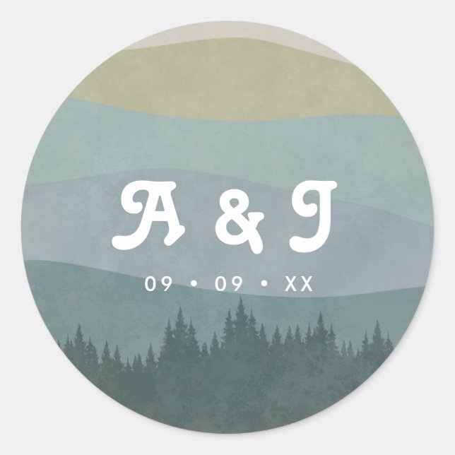 Adesivo Redondo Blue Retro Mountains and Forest Wedding Monogram (Frente)