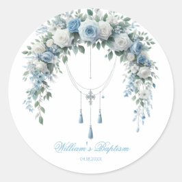 Adesivo Redondo Blue Rose & Silver Cross Baptism Favor Sticker