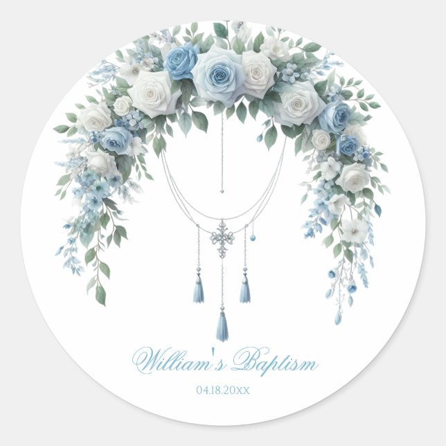 Adesivo Redondo Blue Rose & Silver Cross Baptism Favor Sticker (Frente)