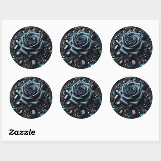 Adesivo Redondo Blue Rose with Jewels on Black Fabric