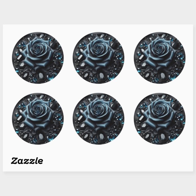 Adesivo Redondo Blue Rose with Jewels on Black Fabric (Folha)