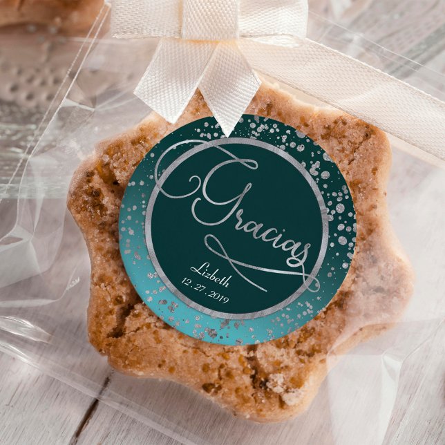 Adesivo Redondo Blue Silver Confetti Gracias Obrigado aniversário (Criador carregado)