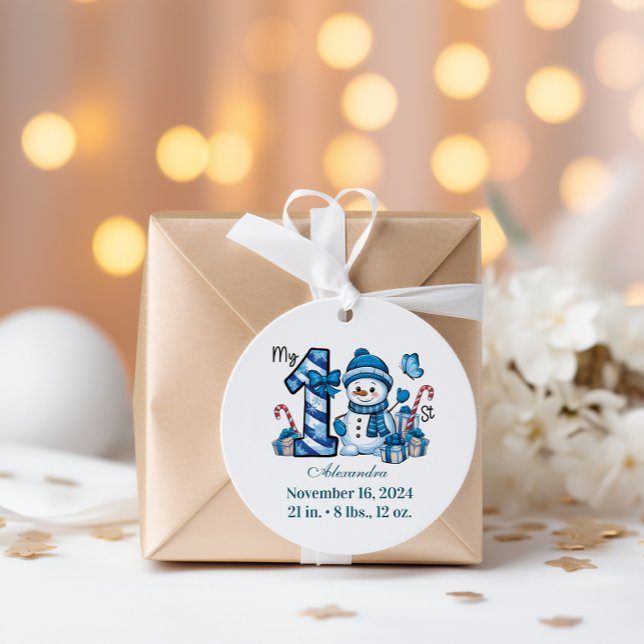 Adesivo Redondo Blue Snowman  First Christmas (Criador carregado)