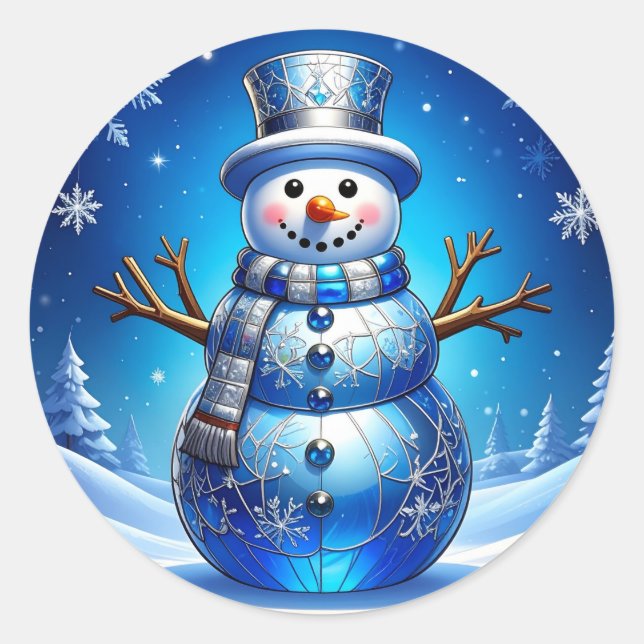 Adesivo Redondo Blue Snowman Snowflakes Holiday Sticker (Frente)