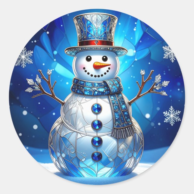 Adesivo Redondo Blue Snowman Snowflakes Holiday Sticker (Frente)