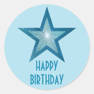 Adesivo Redondo Blue Star 'Happy Birthday' rodada de azul pálido