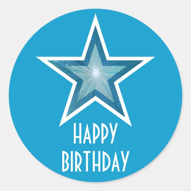 Adesivo Redondo Blue Star 'Happy Birthday' - vinheta circular azul (Frente)