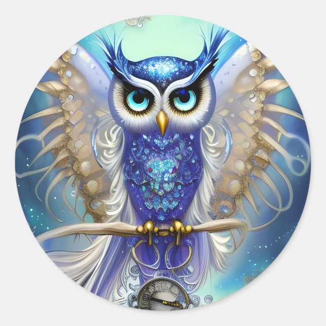 Adesivo Redondo Blue Steampunk Owl (Frente)